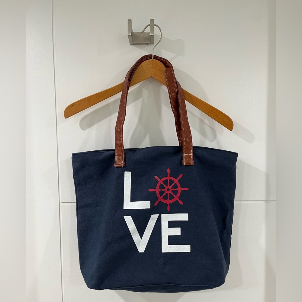 Navy Love Tote Bag with Brown Handles